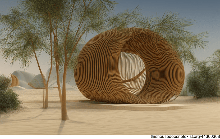 Tribal minimalist house exterior with steaming hot spring and Dubai skyline in the background