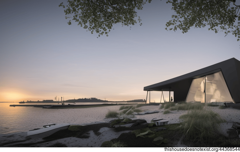 Eco-Friendly Modern House With Exposed Circular Bejuca Wood, White Marble, and Black Stone on the Beach at Sunset in Amsterdam, Netherlands
