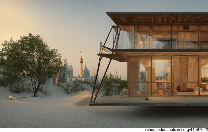 A Modern Polished Glass, Wood, and Bamboo Exterior with a View of the Beach and Sunset