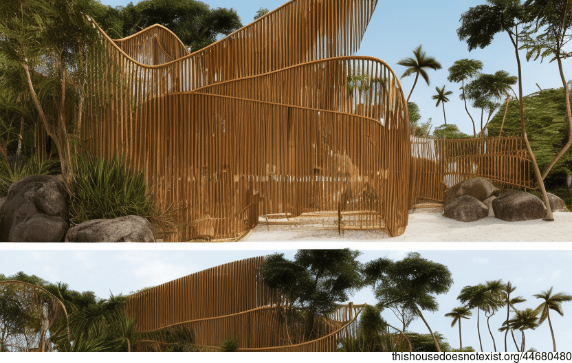 A Modern, Anthropomorphous, Tribal House on the Beach at Noon in Tokyo, Japan with an Exposed, Curved Bamboo, Bejuca Meandering Vines and Bamboo Fireplace