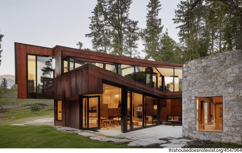 A Modern Architecture Home with an Exposed Wood, Glass, and Stone Exterior