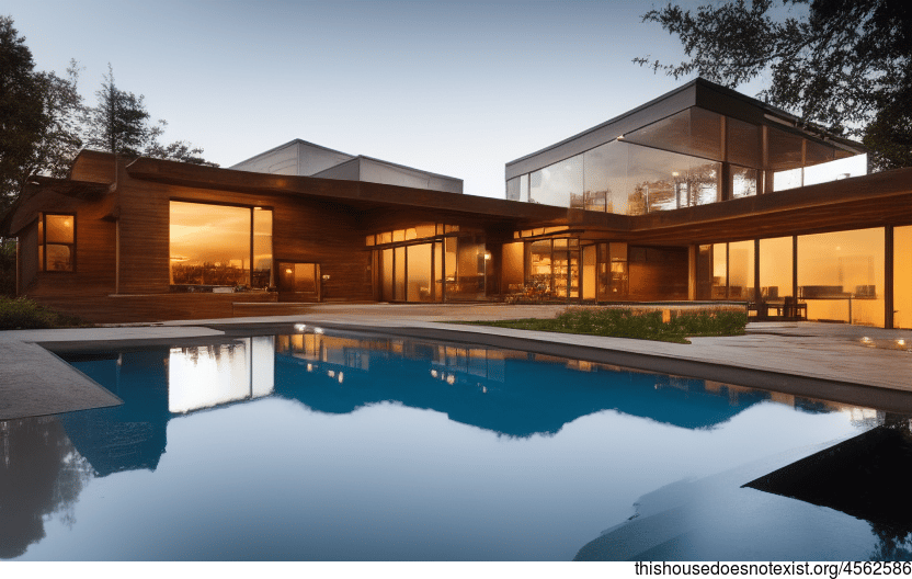 A modern architecture home with an exterior of exposed wood, glass, and stone, designed with a pool and located to take advantage of the sunset