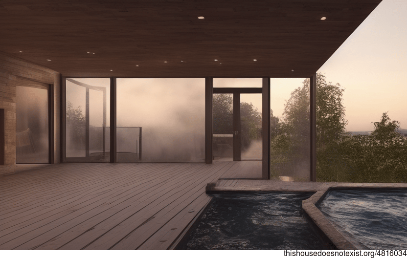 A Sunset House Designed with Exposed Wood, Glass, and Stone, with a