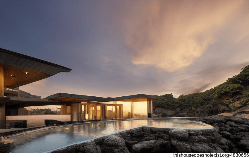 A modern architecture home with an amazing sunset view, steaming hot Jacuzzi, and helicopter pad