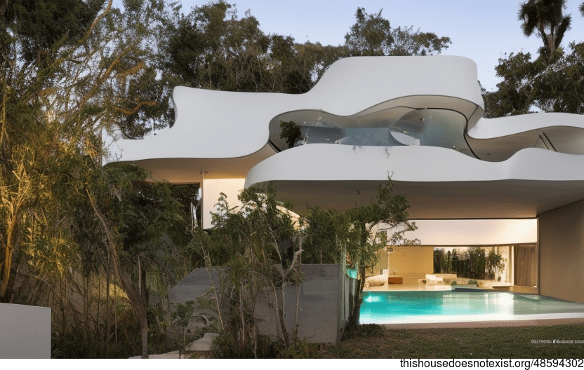 A Modern Architecture Home With Exposed Curved Bejuca Vines and Meandering Bamboo, With Hanging Plants and a Steaming Hot Jacuzzi Outside, With a View of Buenos Aires, Argentina in the Background