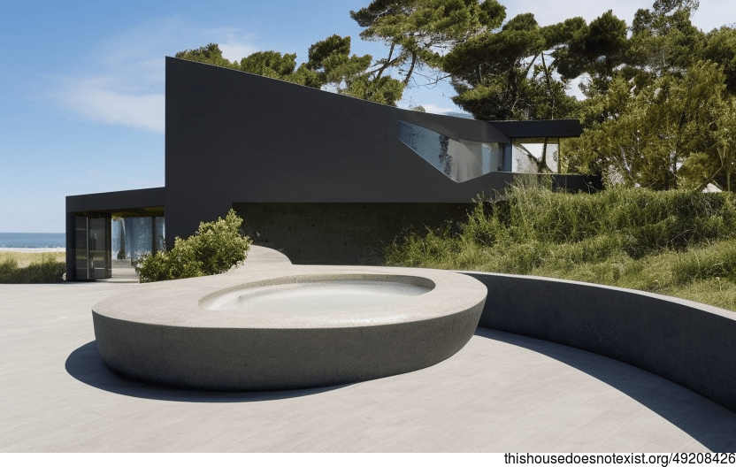 A Modern House With an Exposed, Curved Black Stone Facade and a Jacuzzi With a View of Lisbon in the Background