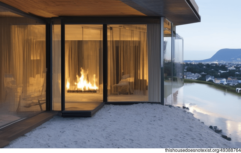 A Modern Architecture Home with an Exposed Triangular Wood, Glass, and Glass Facade with a Fireplace and Steaming Hot Spring Outside with a View of Vienna, Austria in the Background