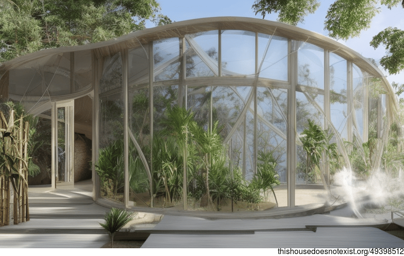 Eco-friendly house with exposed curved glass and bamboo, hanging plants, and steaming hot spring inside with view of Buenos Aires, Argentina in background