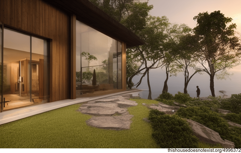 A modern architecture home that is designed to take advantage of sunset views, with exposed timber and glass, rocks and a steaming hot outside jacuzzi