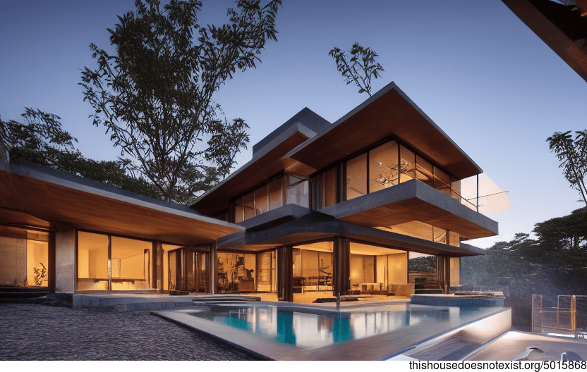 A modern architecture home with stunning sunset views, an exposed timber and glass exterior, and a steaming hot outside jacuzzi