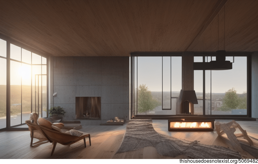 A modern architecture home with a stunning sunset view, exposed wood beams, and a cozy fireplace