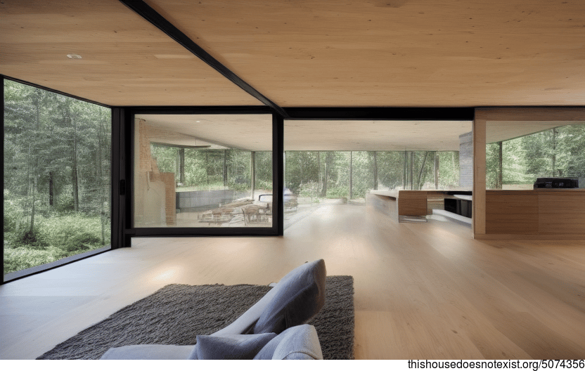 A Modern Home With an Exposed Interior of Wood, Glass, and Stone