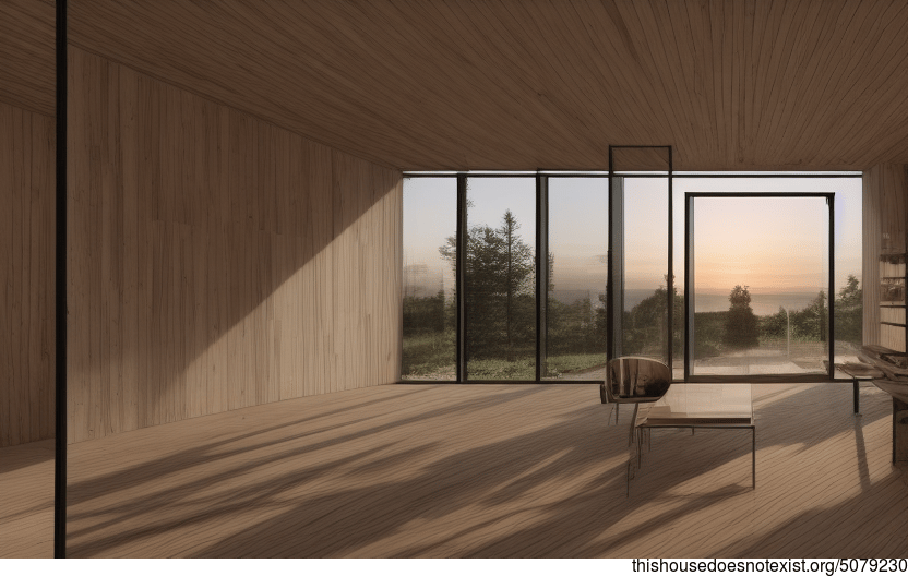 Interior of a modern home designed with wood, glass, and stone, with a view of the sunset