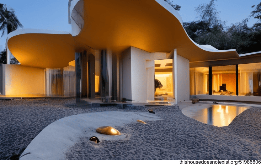 A Curved, Exposed exterior with Meandering Vines and a Hot Spring View