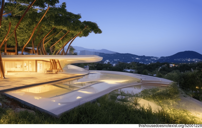 Eco-Friendly House With Exposed Curved Bejuca Vines, Bamboo, and Infinity Pool With Sunset View of Vienna, Austria in the Background