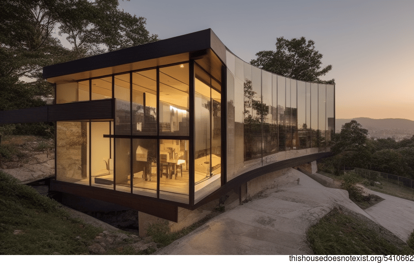 A modern architecture home with an exterior of glass and stone, designed to take in the beauty of a sunrise