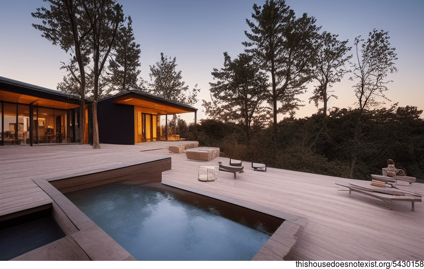 A modern architecture home designed with an exterior of exposed timber, glass, and rocks, with a steaming hot outside jacuzzi and helicopter pad