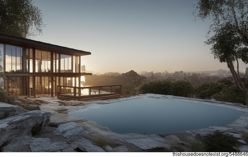 A modern architecture home with a stunning sunrise view, exposed timber beams, and a Jacuzzi helicopter pad