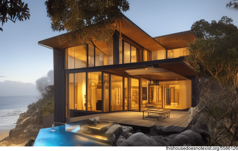A modern architecture home designed with an exterior of exposed timber, glass, and rocks, with a steaming hot outside jacuzzi and helicopter pad
