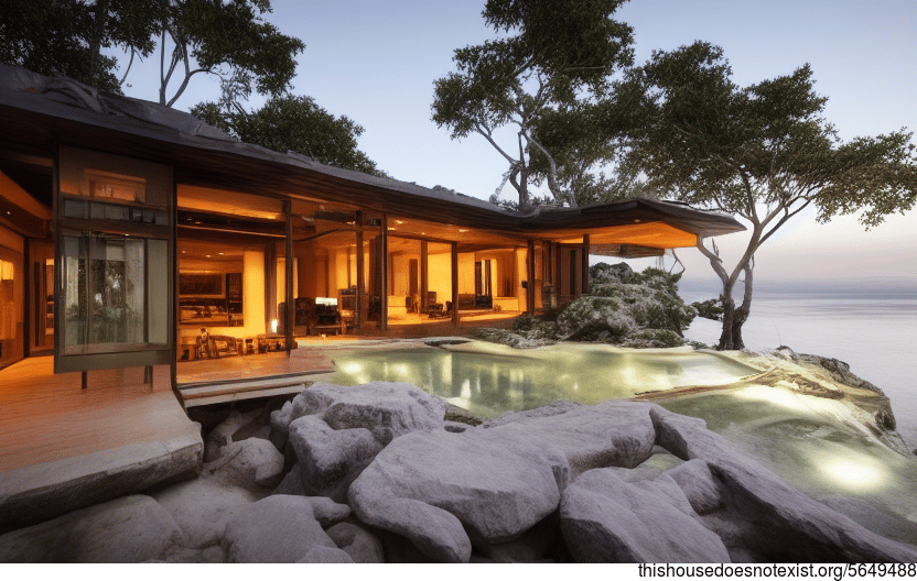 A modern architecture home that is designed with an exterior that is exposed to the sun, with timber and glass, and with rocks that steaming hot outside, with a jacuzzi and helicopter pad
