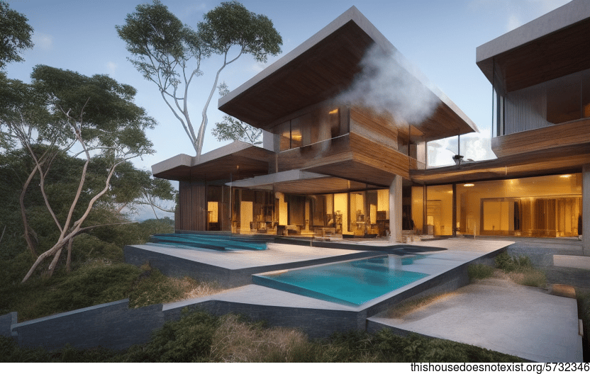 A modern architecture home with an exterior of glass and exposed timber, designed to take in the best of the sunset with a steaming hot jacuzzi outside