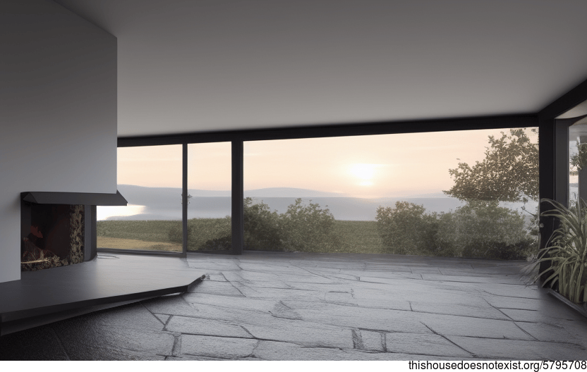 A modern architecture home with a stunning sunset view, exposed glass and stone walls, and a cosy fireplace