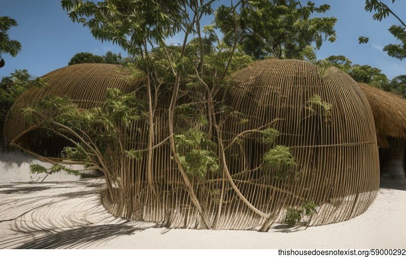 A Minimalist, Tribal Home with an Exposed Curved Bamboo Façade and Meandering Vines