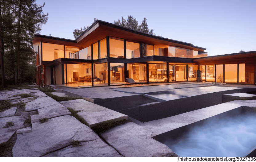 A modern architecture home with stunning sunset views, an exposed wood exterior, glass walls, and a stone Jacuzzi