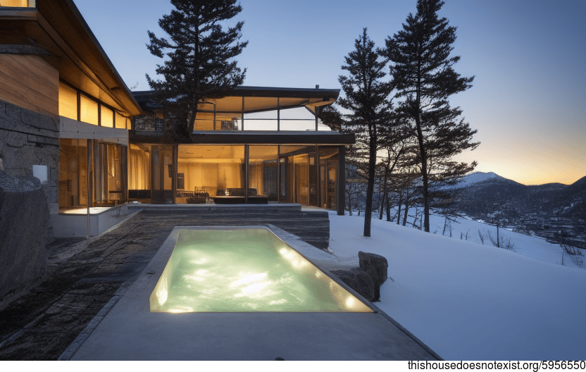 A modern architecture home with beautiful sunset views, an exterior glass wall, and a steaming hot jacuzzi