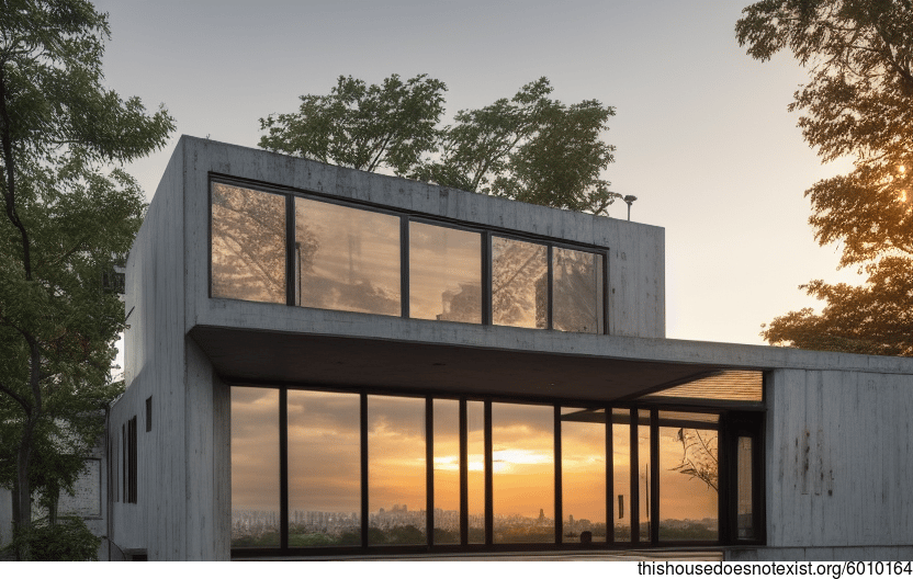 A Modern Architecture Home with an Exterior of Stone and Glass at Sunrise