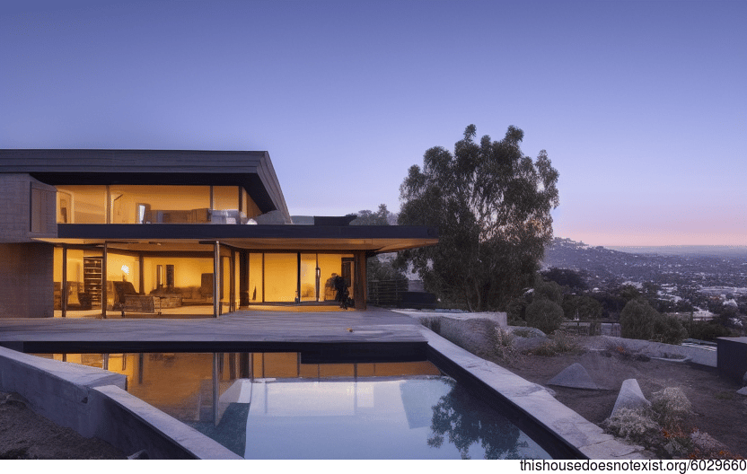 A modern architecture home designed with exposed timber, glass, and stone for a stunning sunrise exterior