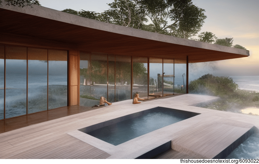 A modern architecture home with stunning sunset views, an exposed timber frame, and a steaming hot outside jacuzzi