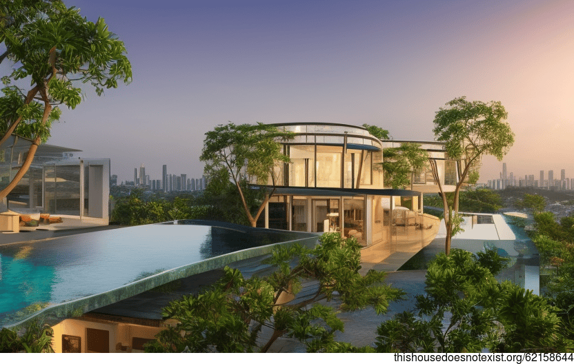 A Modern Architecture Home with an Exposed Curved Glass Exterior and an Infinity Pool with a View of Bangkok, Thailand in the Background