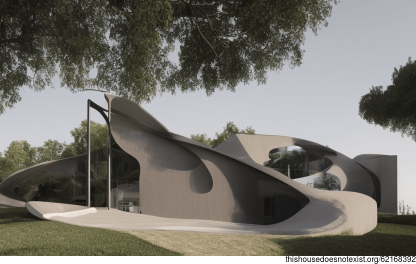 A Modern Beach House in Milan, Italy with an Exposed Curved Black Stone Exterior and a Steaming Hot Jacuzzi inside with a View of Milan in the Background