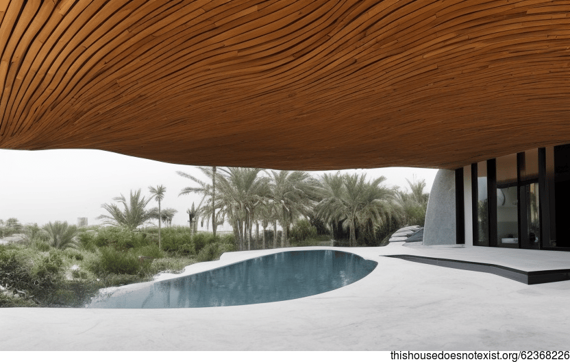 A Curved Bamboo and Stone Modern House Exterior on the Beach at Noon in Riyadh, Saudi Arabia