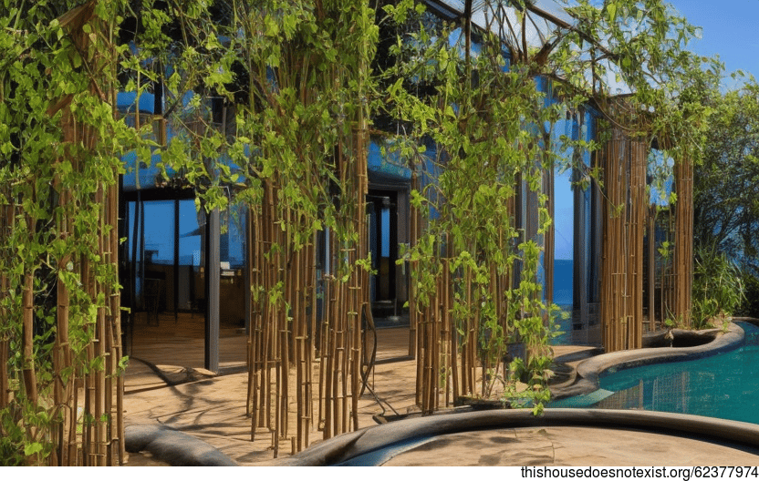 A Curved Glass, Bamboo and Bejuca Vine Exterior with Hanging Plants and an Infinity Pool