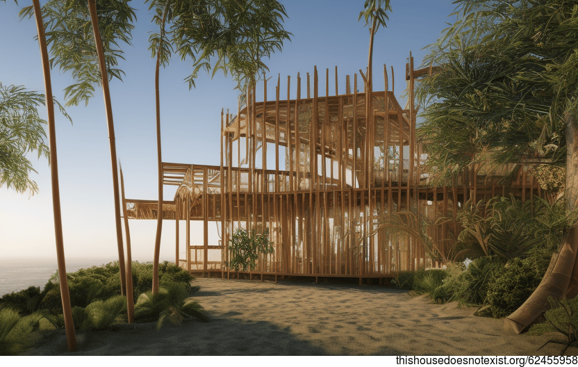 A Modern Beach House in Los Angeles with Exposed Curved Bamboo and Hanging Plants
