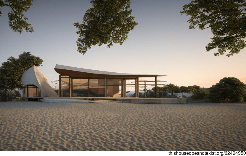 The Exposed Wood and Bejuca of the Curved Minimalist House in Sunset at the Beach, Munich, Germany