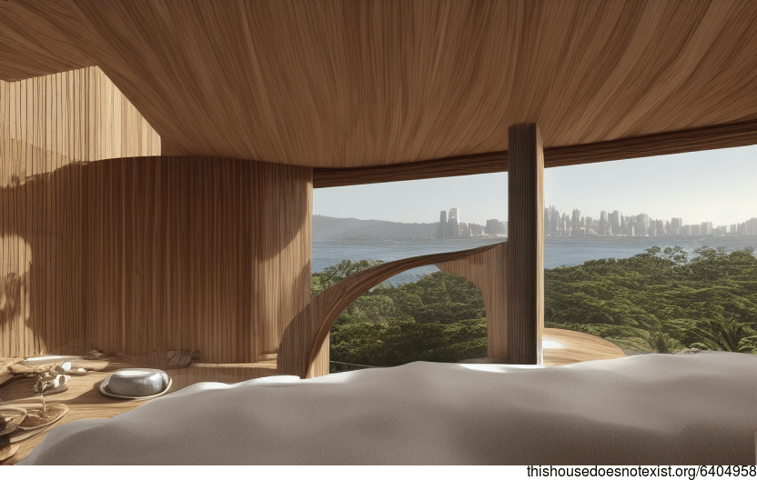 A modern architecture home in Florianopolis, Brazil with an exposed wood interior and curved bamboo rocks