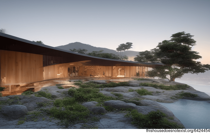 A Curved, Exposed Wood and Bamboo Architecture Designed Interior with Interior Rocks
