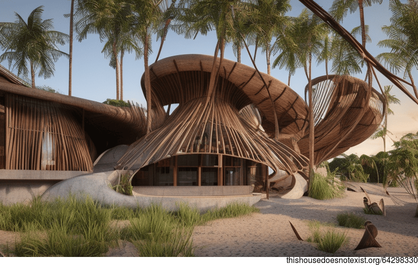 A Modern, Maximalist Home With Exposed Curved Wood and Bamboo