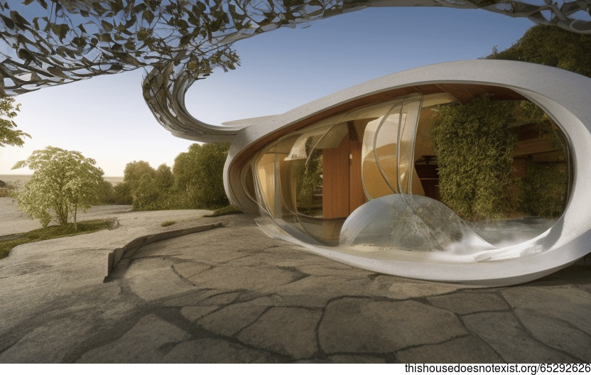Eco-friendly Beach House with Exposed Curved Glass, Stone, and Meandering Vines