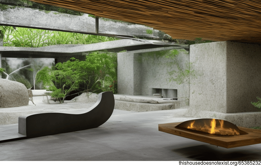 A Modern, Minimalist House on the Beach in Shenzhen, China with Exposed Curved Bejuca Vines, Bamboo, and Stone, and a Fireplace