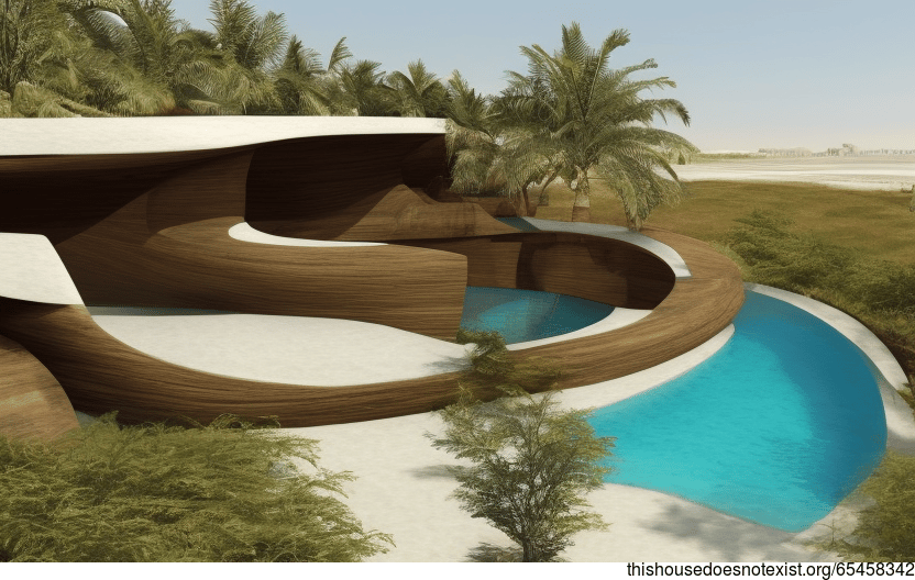 A Modern Beach House in Dubai with Curved Black Stone, Bamboo, and Infinity Pool