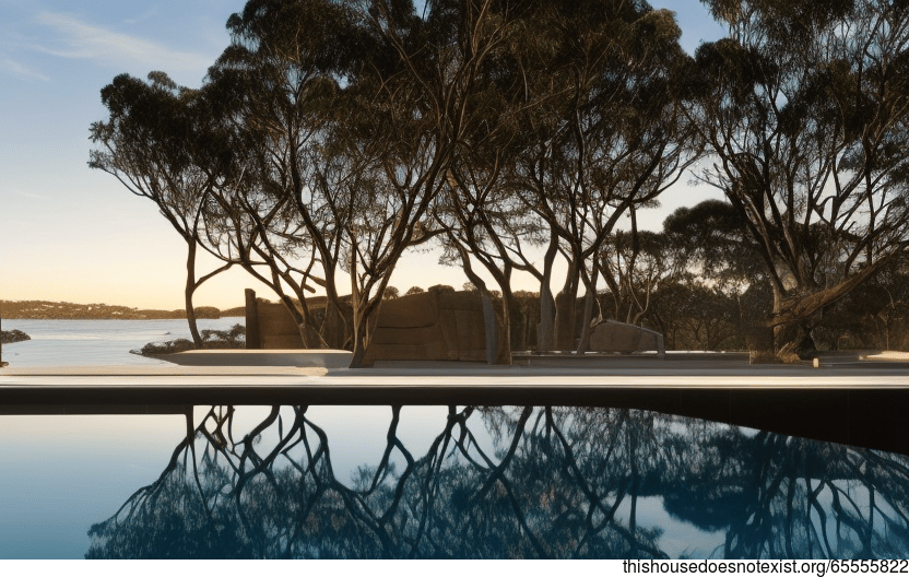 An Exterior With Exposed Rectangular Glass, Glass, And Black Stone With A Mirror And Infinity Pool With A View Of Sydney, Australia In The Background
