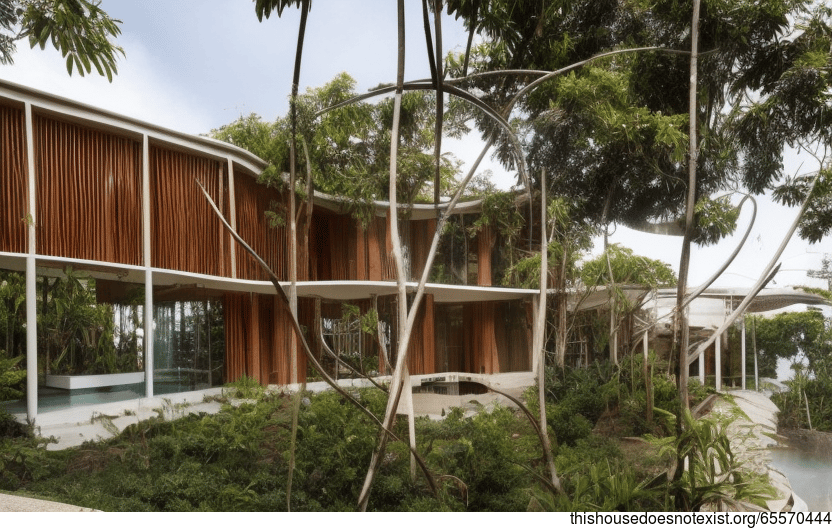 A Curved Glass Oasis with Exposed Bamboo and a Meandering Hot Spring