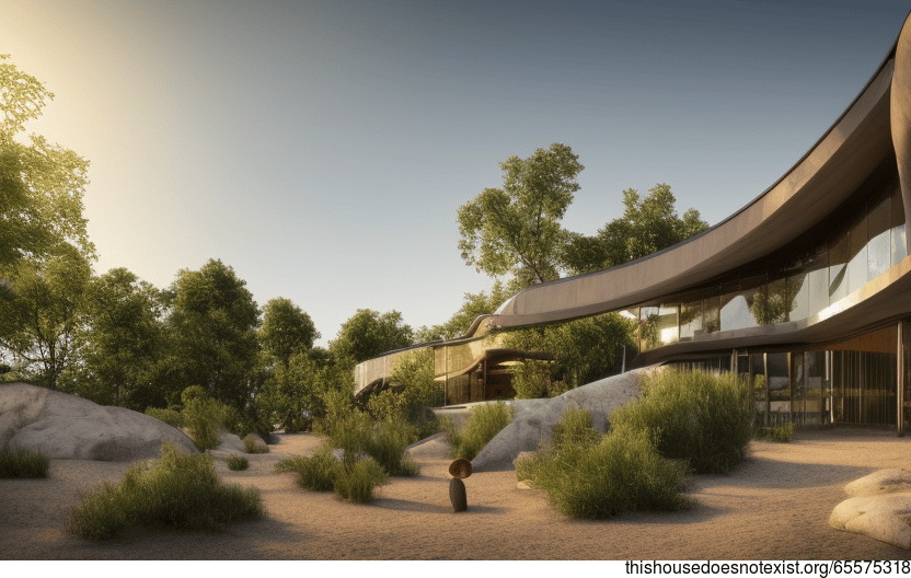 Tribal House Exterior with Hanging Plants and Exposed Curved Rocks at Sunset
