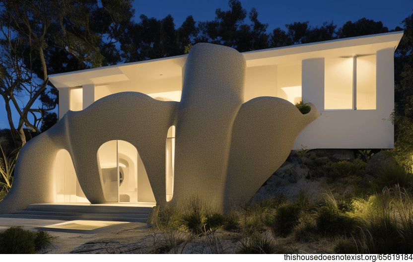 A Modern, Anthropomorphous, and Tribal Home Exterior with Exposed Curved Stone, Bejuca Vines, and Hanging Plants