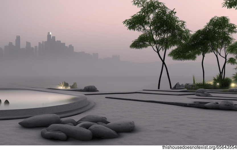 Tribal minimalist garden exterior with steaming hot spring and view of Mumbai, India in the background