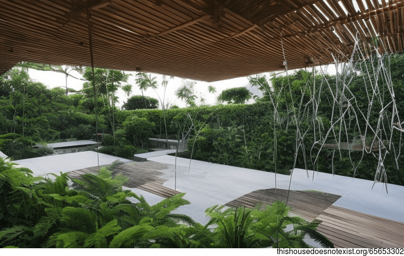 A Modern Garden in Singapore with Hanging Plants and a View of the Beach at Night